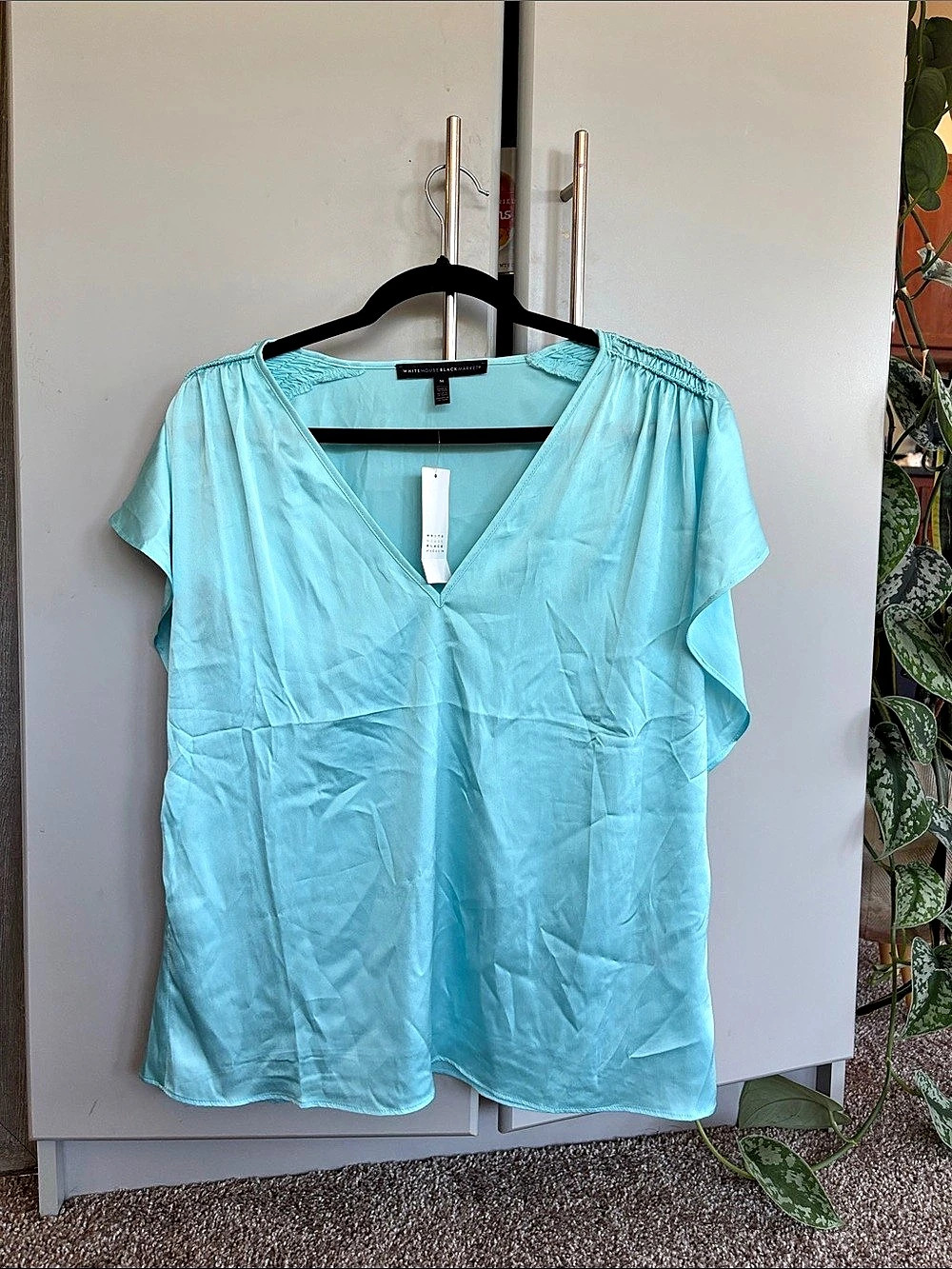 NWT White House Black Market Flutter Sleeve Satin Shell Top Blue